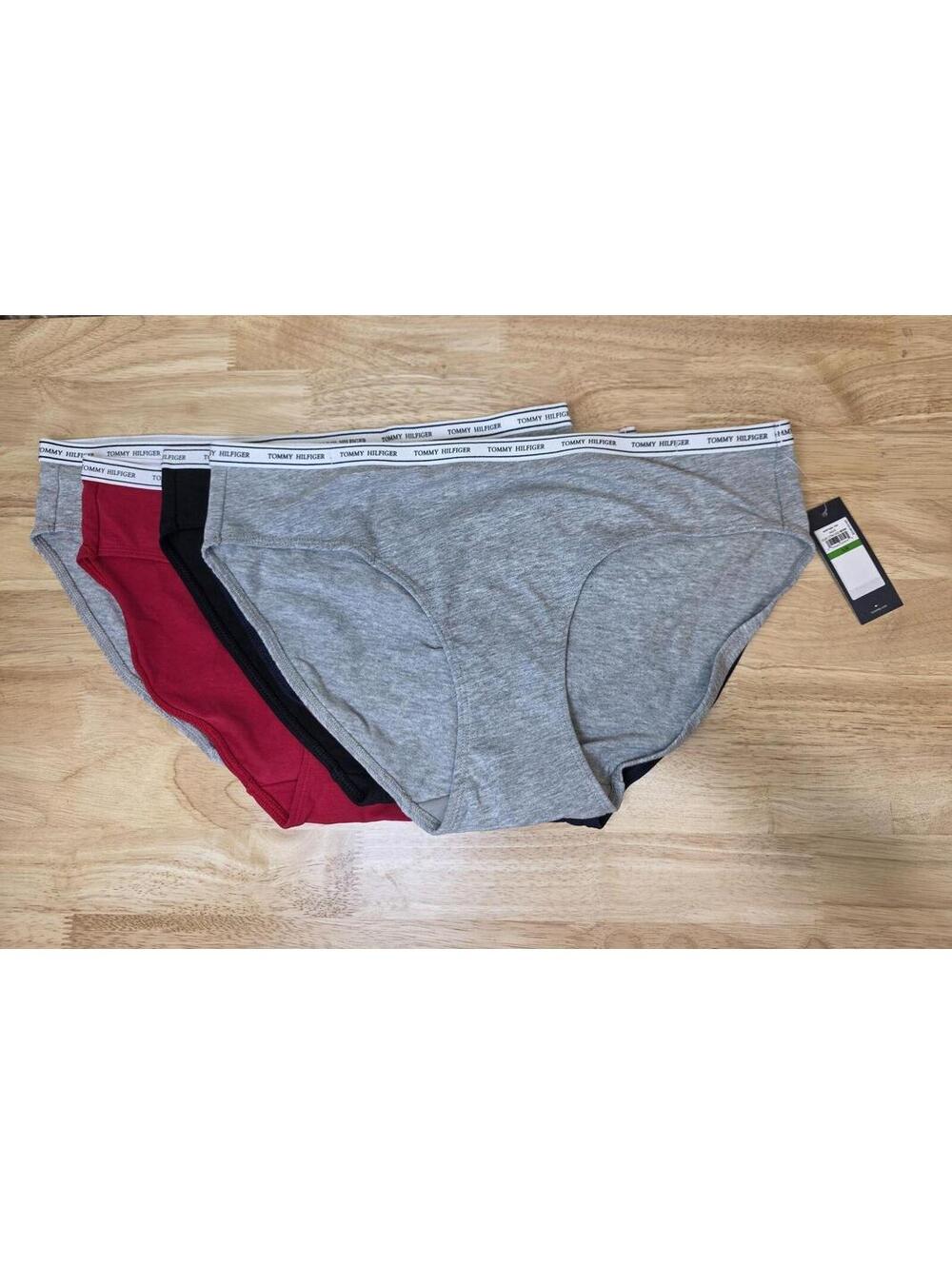 Tommy Hilfiger Womens Cotton Bikini Panties 6 Pack Heather Grey Navy Red Black L